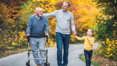 Ein Mann geht mit seinem Sohn und seinem Vater (mit Rollator) spazieren.