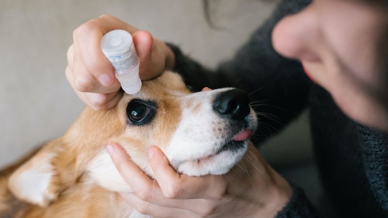 Ein Corgi erhält Augentropfen.