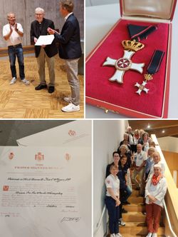 Andreas Damm (ehem. Diözesanleiter) und Benjamin Borngräber (Diözesanleiter) zeichnen Pater Karl aus; Medaille und Urkunde; die Teilnehmenden des Austauschtreffens.