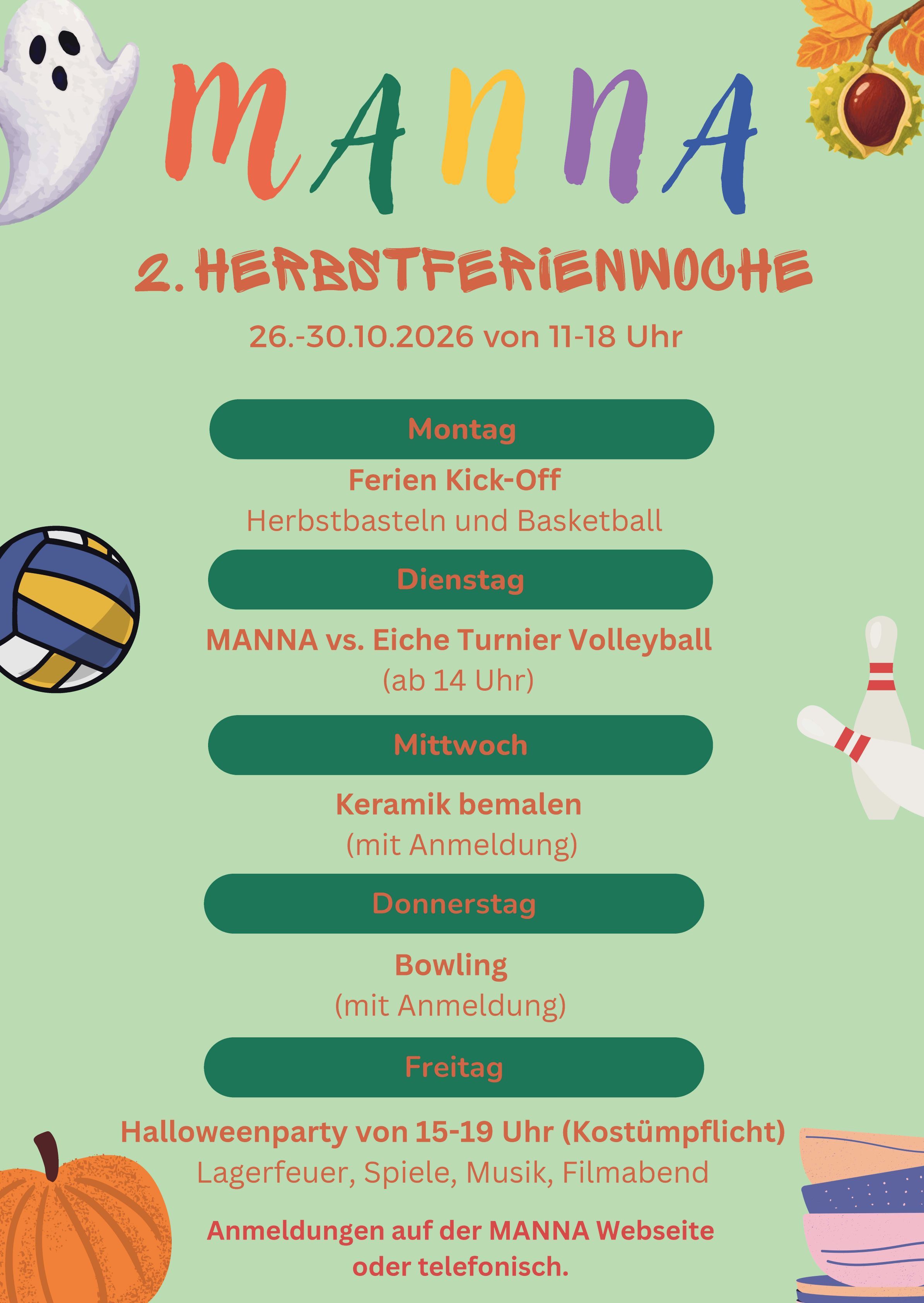 Deutschsprachiger Flyer für die 2. Herbstferienwoche von MANNA mit Tagesprogramm und Halloweenparty.