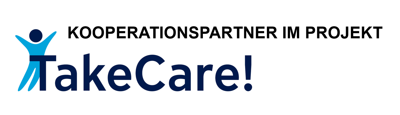 Logo mit blauer Figur und Schriftzug „Kooperationspartner im Projekt TakeCare!“.