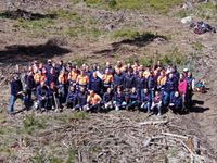 Große Gruppe von Freiwilligen versammelt sich auf einer offenen Waldfläche und posiert mit Spaten und Werkzeugen während einer gemeinsamen Baumpflanzaktion. Im Hintergrund sind Äste, Holzreste und vorbereitete Flächen zu sehen, die auf die Wiederaufforstung des Gebiets hinweisen.