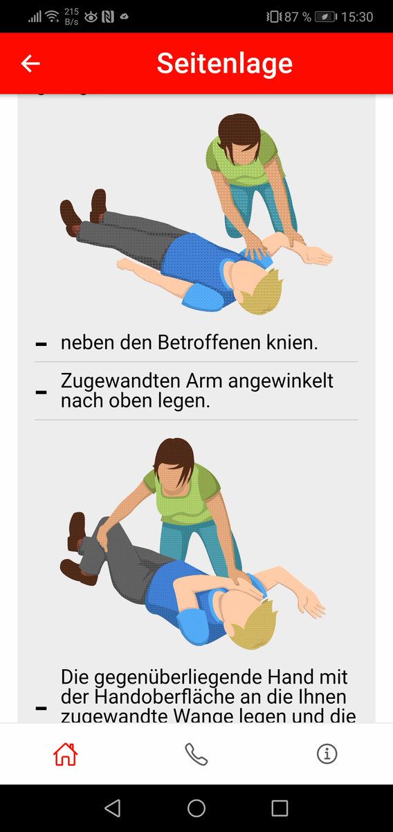 Screenshot der Malteser Erste-Hilfe App, in dem die stabile Seitenlage erklärt wird.