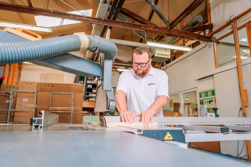Ein Mann mit Brille arbeitet in einer Tischlerei.