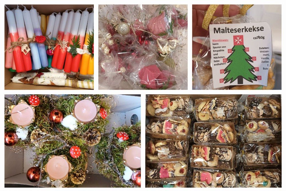 Collage zeigt Kerzen, Kekse und Weihnachstschmuck