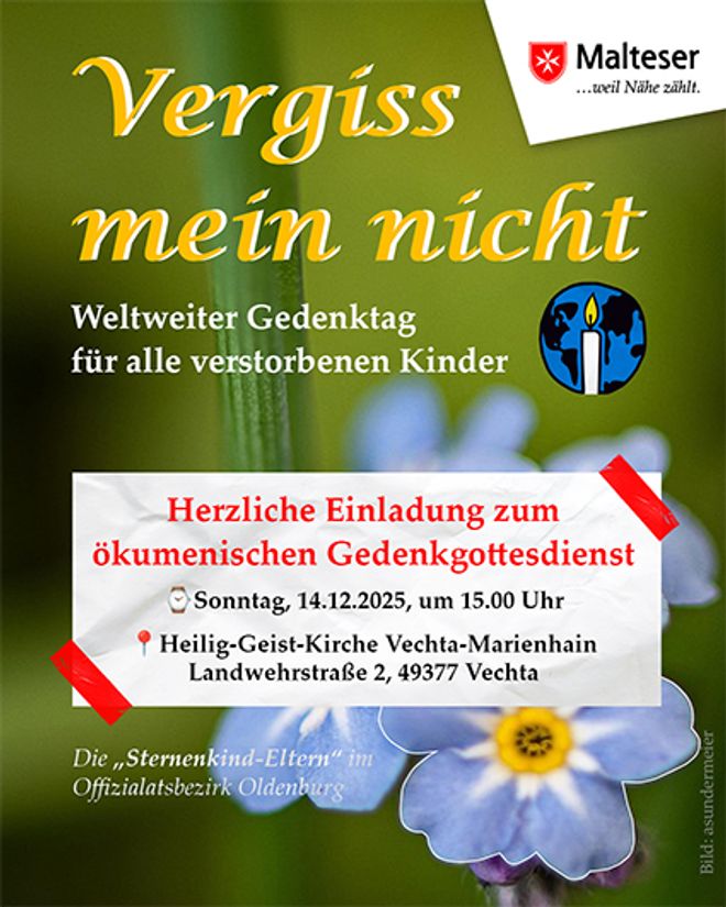 Veranstaltungsplakat mit Vergissmeinnicht-Blumen und Kerze