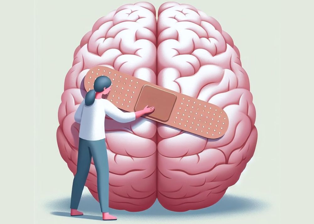 Eine Frau klebt ein Pflaster auf die große Darstellung eines Gehirns.