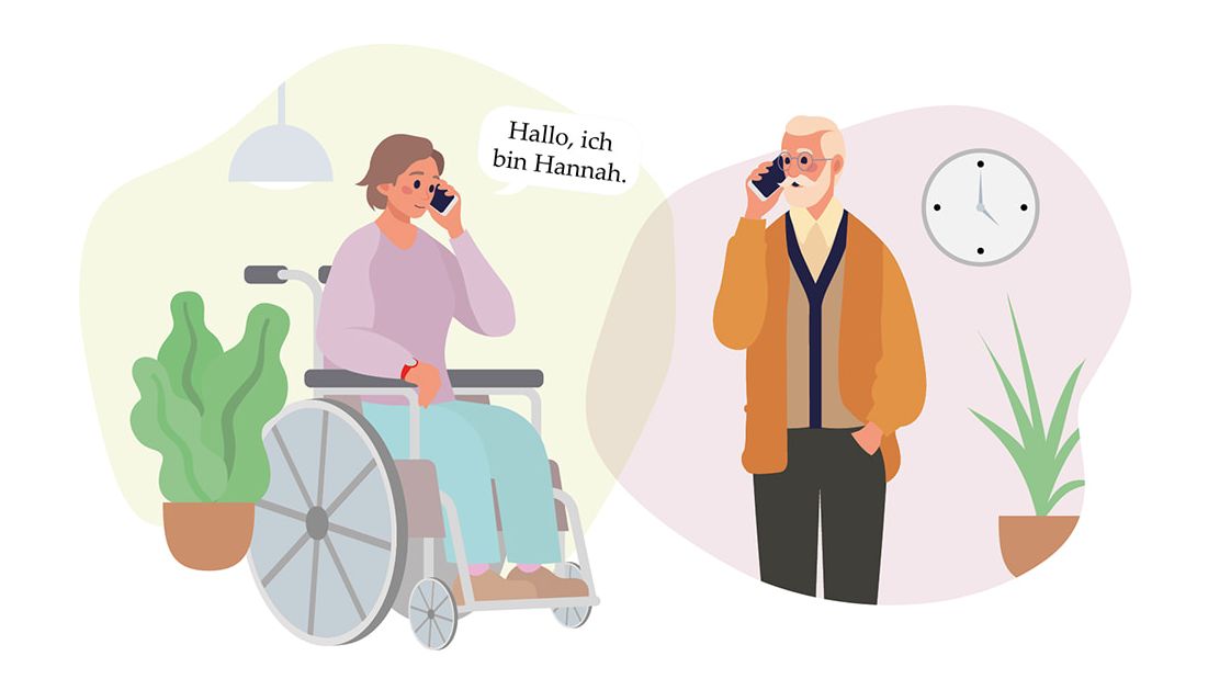 Illustration zum Malteser Plaudernetz: Eine Frau im Rollstuhl und ein älterer Mann telefonieren.