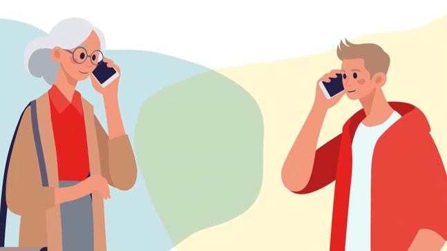 Screenshot aus dem Video: Illustration einer älteren Frau und einem jüngeren Mann, die telefonieren