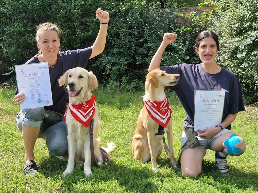 Hier ist ein Foto mit den Absolventinnen und Absolventen der Weiterbildung des Besuchshundedienstes der Malteser Berlin zu sehen.
