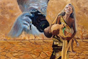 Zutiefst berührend: Das sind die Kunstwerke des Künstlers Ibrahim Ali, die die Malteser zusammen mit Werken anderer geflüchteter Künstler jetzt in einer Wanderausstellung zeigen. Foto: C. Osterkamp/ Malteser