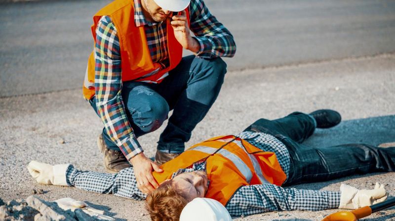 Bauarbeiter kümmert sich um seinen bewusstlosen Kollegen und setzt einen Notruf ab