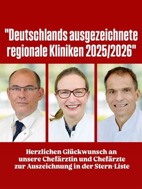 Drei Ärzte im weißen Kittel mit Auszeichnung in der STERN-Klinikliste 2025 und 2026.