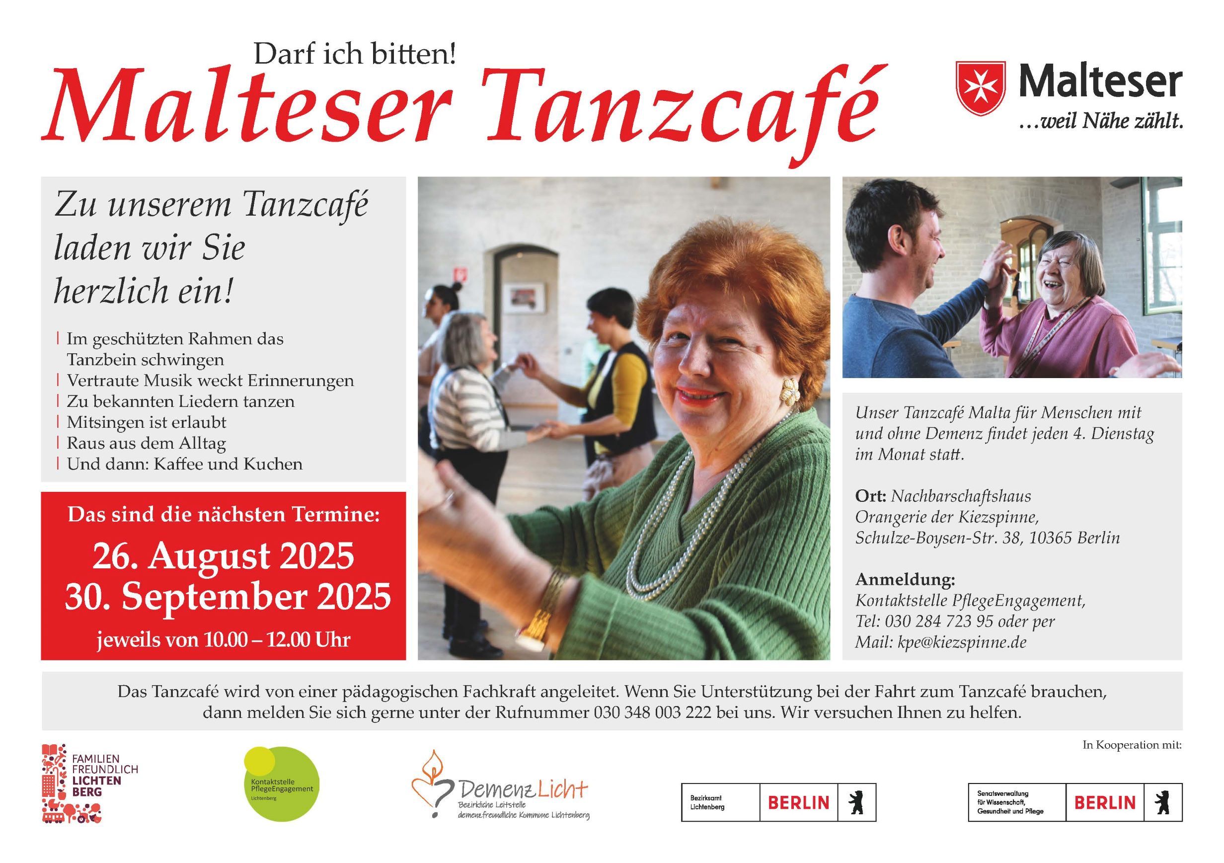 Dies ist ein Foto vom Plakat mit der Einladung zum Malteser Tanzcafé für Menschen mit Demenz und ihren Angehörigen.