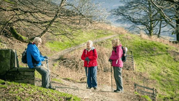 Drei Senioren machen eine Pause während des Wanderns. 