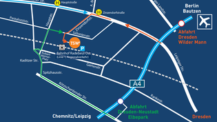 Grafische Anfahrtskarte zum Tagungszentrum der Sächsischen Wirtschaft in Radebeul mit Straßen, Haltestellen und Autobahn A4.