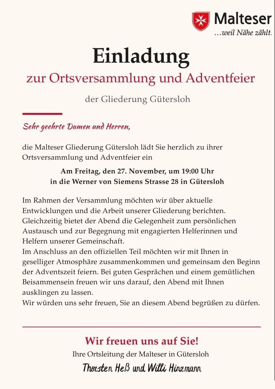 Einladung zur Jahrestagung der Malteser Gütersloh