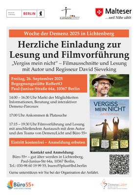 Plakat zur Lesung und Filmvorführung mit David Sieveking am 26. September 2025 in der Begegnungsstätte RoBertO.