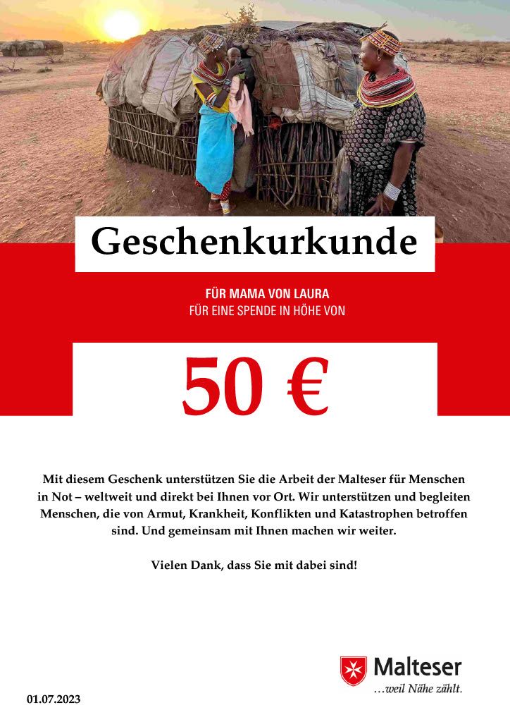 Beispiel-Urkunde für eine Geschenkspende über 50 € von Laura für Mama