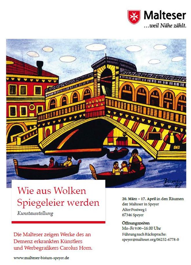 Zu sehen ist ein Bild des Künstlers Carolus Horn, auf dem 3 Boote unter einer Brücke durchfahren. Foto: Malteser
