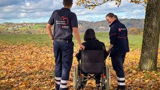 Zwei Malteser mit einer Frau im Rollstuhl in der Natur