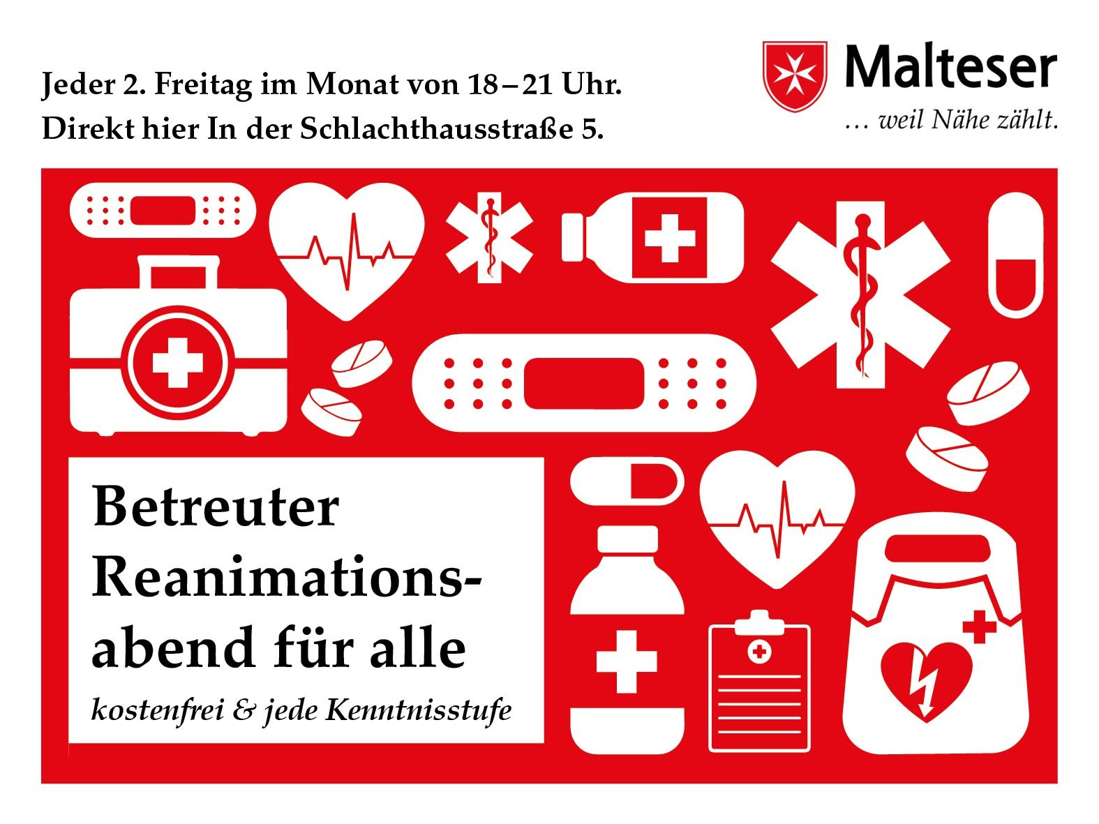 Betreuter Reanimationsabend für alle, kostenfrei und jede Kenntnisstufe. Immer am 2. Freitag des Monats von 18 - 21 Uhr. In der Schlachthausstraße 5. 