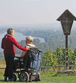 Zwei Frauen sprechen miteinander. Die rechte Dame sitzt im Rollstuhl. 