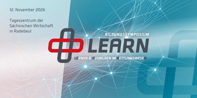 Werbegrafik für das Bildungssymposium LEARN – Lernen & Ausbilden im Rettungswesen am 12. November 2026 im Tageszentrum der Sächsischen Wirtschaft in Radebeul. Das LEARN-Logo ist vor einem blau gestalteten Hintergrund mit vernetzten Linien und Punkten dargestellt, die Austausch, Bildung und Innovation symbolisieren.