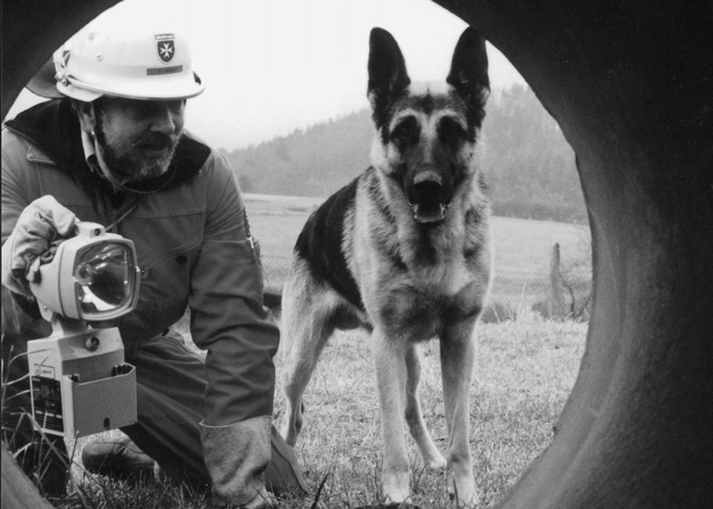 In Mainz präsentiert sich am 25.8.1990 die erste Malteser Rettungshundestaffel der Öffentlichkeit. 