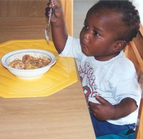 A young boy eats from a plate with a spoon.