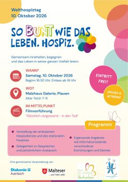 Das Bild zeigt eine bunte GRafik und lädt zu einer Veranstaltung am 10 Oktober 2026 im Rahmen des Welthospiztages ein.