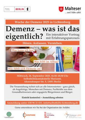 Plakat zur Demenz-Veranstaltung mit Vortrag und Erfahrungsparcours in Berlin-Lichtenberg, organisiert von DemenzLicht.