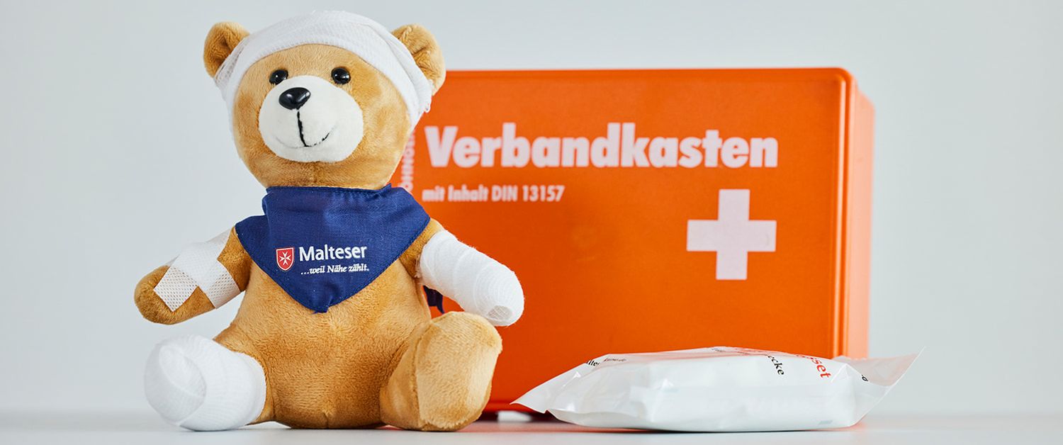 Ein Malteser Teddy mit Verbänden und Pflaster.