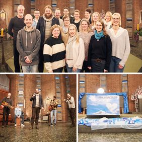 Kollage mit Menschengruppe, Gesangsgruppe und Kirchenaltar