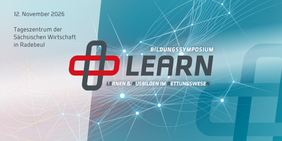 Werbegrafik für das Bildungssymposium LEARN – Lernen & Ausbilden im Rettungswesen am 12. November 2026 im Tageszentrum der Sächsischen Wirtschaft in Radebeul. Das LEARN-Logo ist vor einem blau gestalteten Hintergrund mit vernetzten Linien und Punkten dargestellt, die Austausch, Bildung und Innovation symbolisieren.