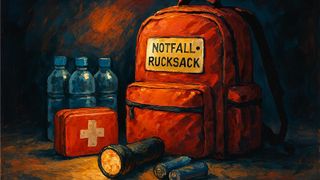 Notfallrucksack, Wasserflaschen und Taschenlampe