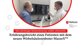 Arzt zeigt einem Patienten Röntgenbilder am Monitor, dazu Textfeld mit Hinweis auf Wir-belsäulenroboter Mazor X.