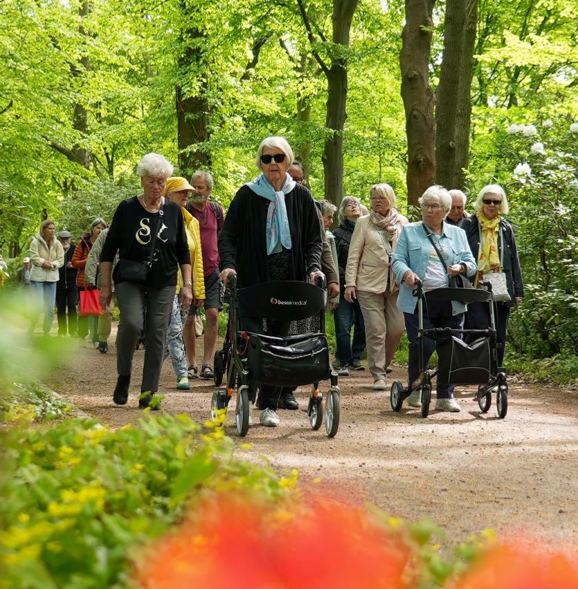 Eine Gruppe von älteren Leuten mit Rollatoren oder andern Gehilfen geht mit Ehrenamtlichen vom Malteser Hilfsdienst durch den grünen Britzer Garten.
