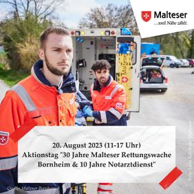 Die Malteser laden zu ihrem Aktionstag anlässlich des Jubiläums "30 Jahre Malteser Rettungswache Bornheim und 10 Jahre Notarztdienst" ein. Grafik: Malteser Bornheim