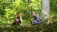 Ein Rettungshund und eine junge Frau in einem Wald