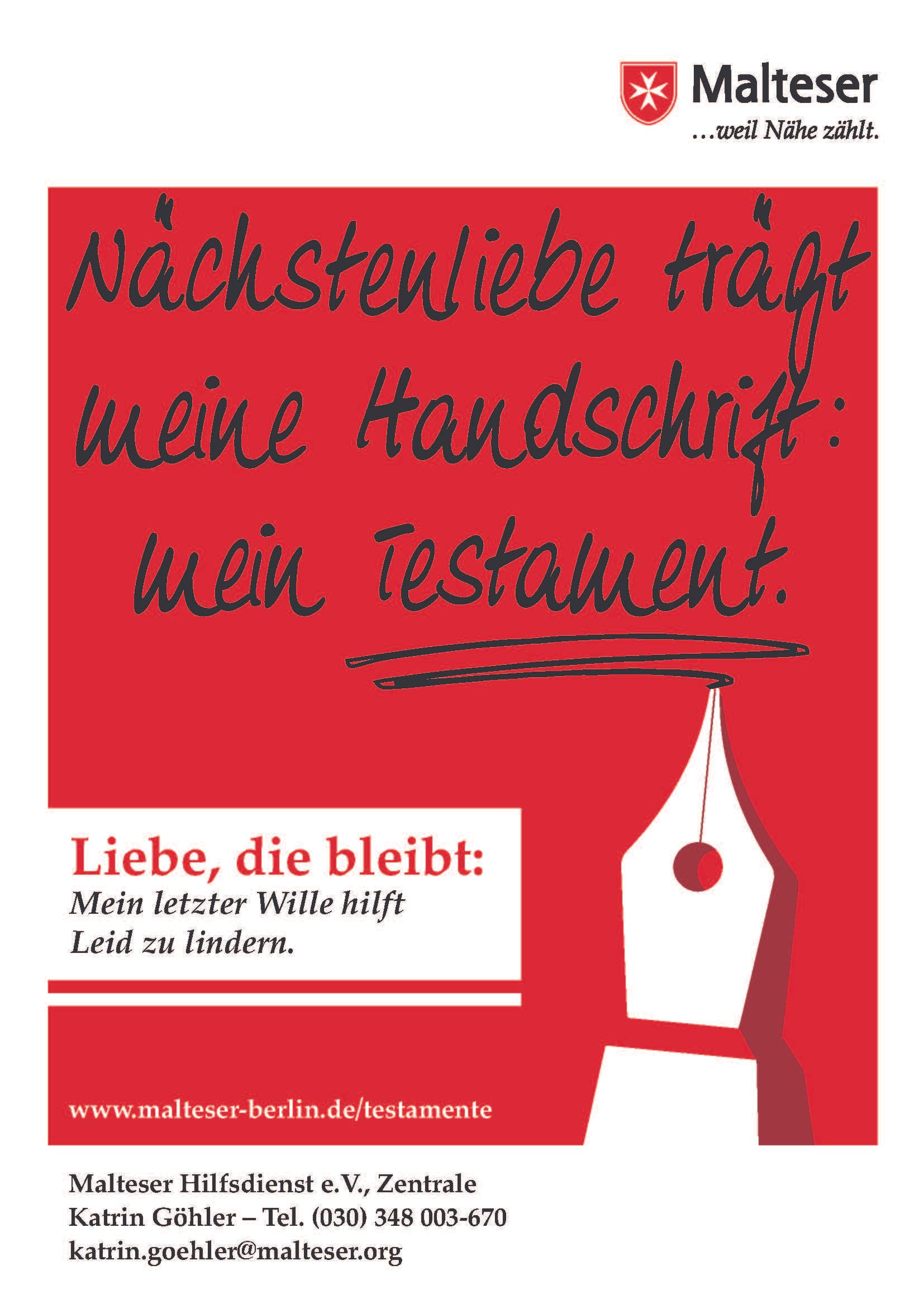 Anzeige Malteser: Liebe, die bleibt – Mein letzter Wille hilft Leid zu lindern. Hinweis auf www.malteser-berlin.de/testamente.