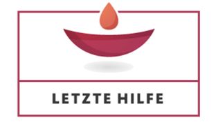 Rotes Tropfensymbol über einer roten Schale, darunter der Text 'Letzte Hilfe' in Großbuchstaben, umrahmt von einem roten Rechteck.