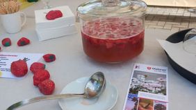 Ein Bowleglas mit selbstgemachter Erdbeerbowle am Stand des Kulturbegleitdienstes.