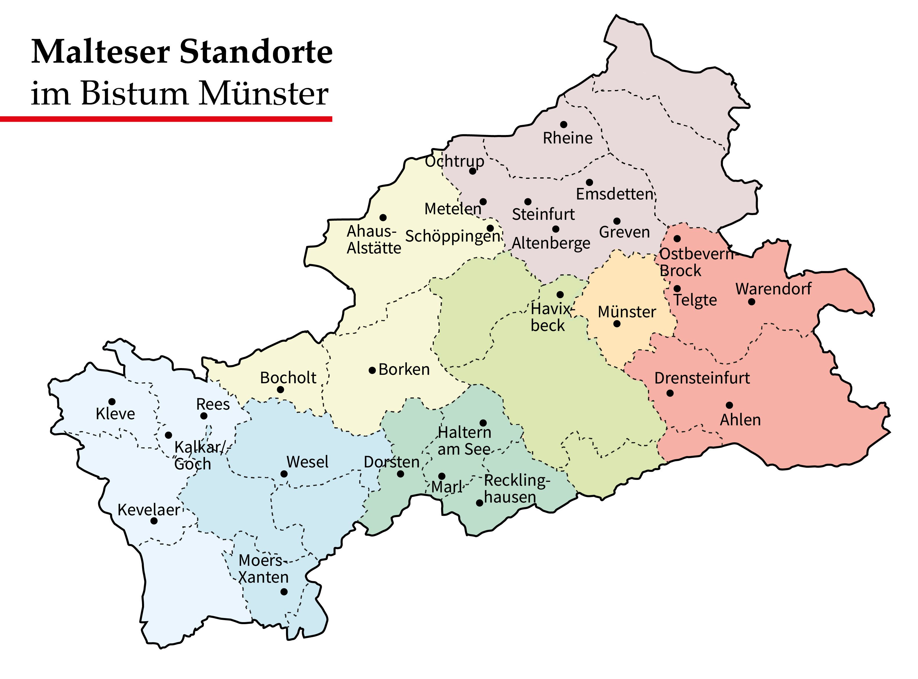 Karte des Bistums Münster mit den Standorten der Malteser