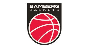 Logo der Bamberg Baskets mit stilisiertem roten Basketball in schwarzem Schild und wei-ßem Schriftzug Bamberg Baskets oben.