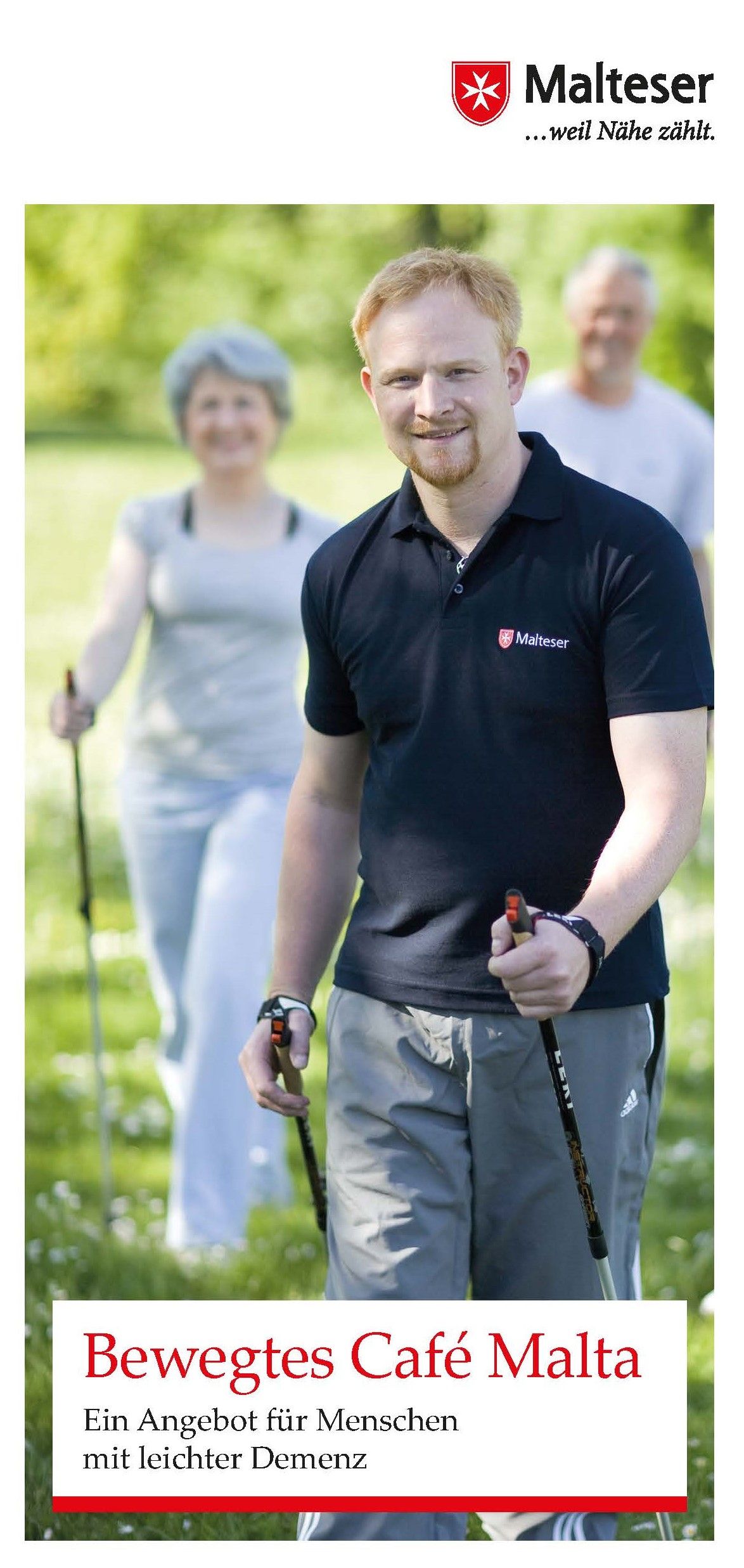 Das ist ein Foto der Titelseite des Flyers "das bewegte Café Malta". Ein Angebot des Malteser Hilfsdienstes Berlin.
