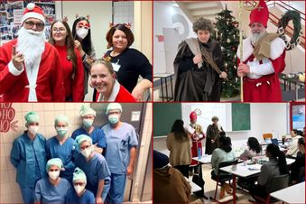 Collage mit Weihnachtsaktionen im Krankenhaus mit verkleideten Personen, OP-Team, Schulklasse und Lebkuchen.