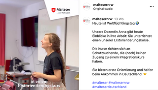 Screenshot eines Instagram Reels zum Weltflüchtlingstag welches Einblicke in einen Erstorientierungskurs zeigt, wo Schutzsuchende und Zugewanderte Deutsch lernen und die deutsche Kultur kennenlernen