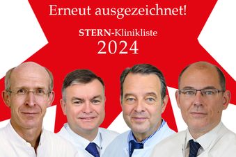 Vier Ärzte vor rotem Stern, Text: „Erneut ausgezeichnet! STERN-Klinikliste 2024“.