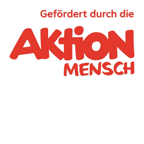 Roter Schriftzug 'Gefördert durch die Aktion Mensch' auf schwarzem Hintergrund.